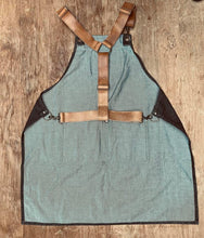 Load image into Gallery viewer, Denim Apron with 2 logo&#39;s and leather pocket (brown/black)
