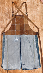 Upcycled leather, Levi denim fabric. The fully recycled handmade apron.