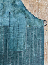 Load image into Gallery viewer, Up cycled green leather, green denim fabric. The fully recycled handmade apron.